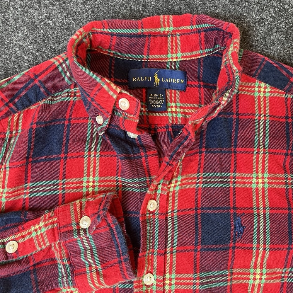 Ralph Lauren Red Plaid Cotton Flannel Long Sleeve Shirt Boys M 10/12 - Picture 1 of 7